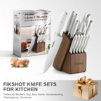 Fikshot Knife Set 14-Piece Professional Chef Knives with Block and Sharpener, Elegant White Stainless Steel for Small Apartments, Modern Kitchens and Rental Homes, Dishwasher-Safe, Gift for Chefs