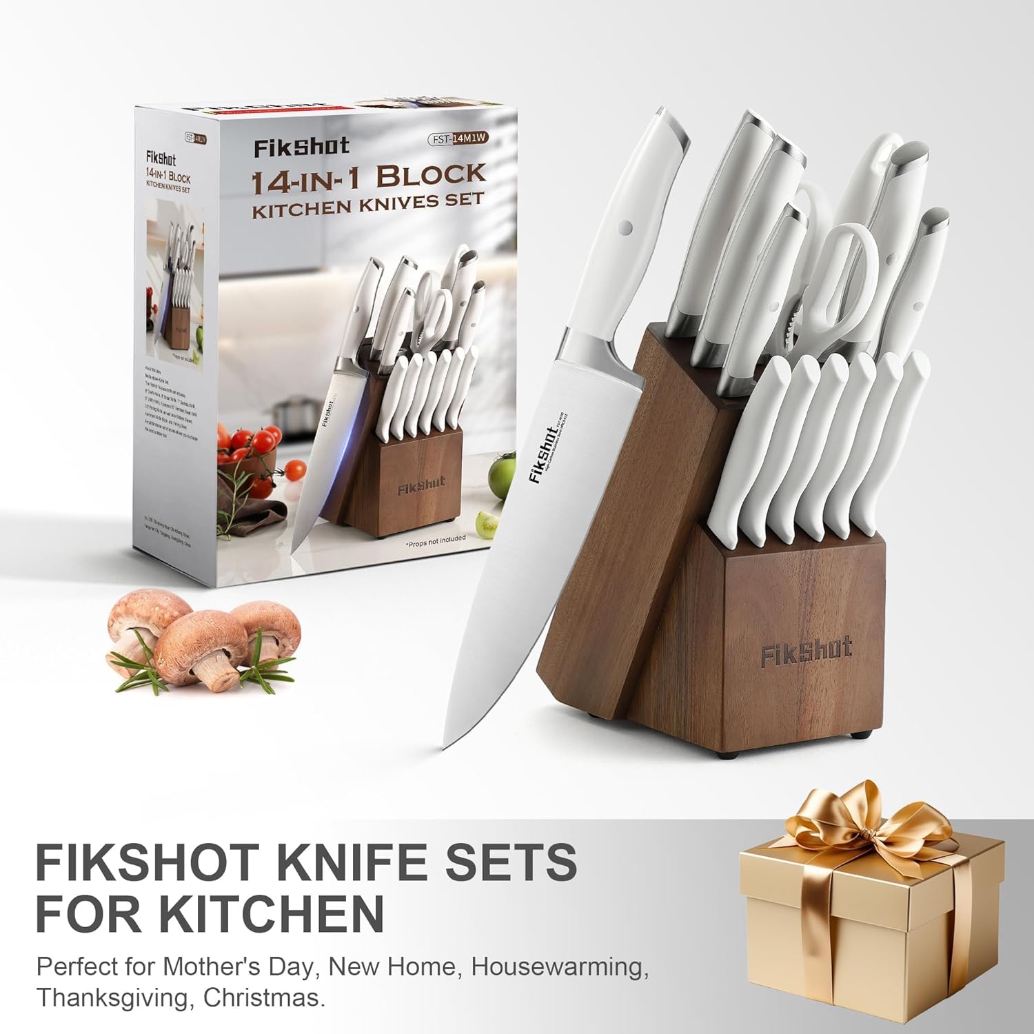 Fikshot Knife Set 14-Piece Professional Chef Knives with Block and Sharpener, Elegant White Stainless Steel for Small Apartments, Modern Kitchens and Rental Homes, Dishwasher-Safe, Gift for Chefs