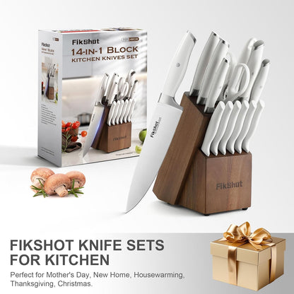 Fikshot Knife Set 14-Piece Professional Chef Knives with Block and Sharpener, Elegant White Stainless Steel for Small Apartments, Modern Kitchens and Rental Homes, Dishwasher-Safe, Gift for Chefs