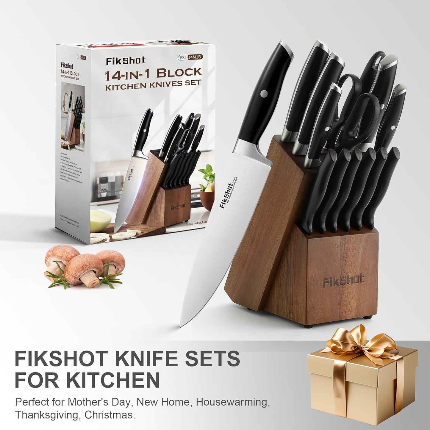 Fikshot Knife Set 14-Piece Ultra-Sharp Full Tang Chef Knives with Block and Sharpener, High-Carbon Steel Black Handle for Kitchens, BBQs and Feasts, Rust-Resistant, Dishwasher-Safe, Gift for Chefs