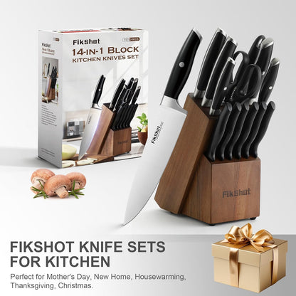 Fikshot Knife Set 14-Piece Ultra-Sharp Full Tang Chef Knives with Block and Sharpener, High-Carbon Steel Black Handle for Kitchens, BBQs and Feasts, Rust-Resistant, Dishwasher-Safe, Gift for Chefs