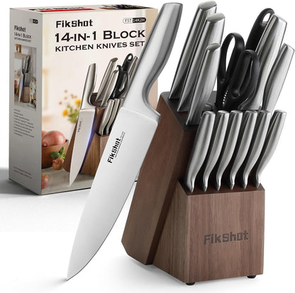 FIKSHOT Kitchen Knife Set, German Stainless Steel kitchen knives – Includes Knife Block Set & Sharpener, High Carbon, Rust-Resistant, Ergonomic Handle for Cooking, Grilling & Gifting